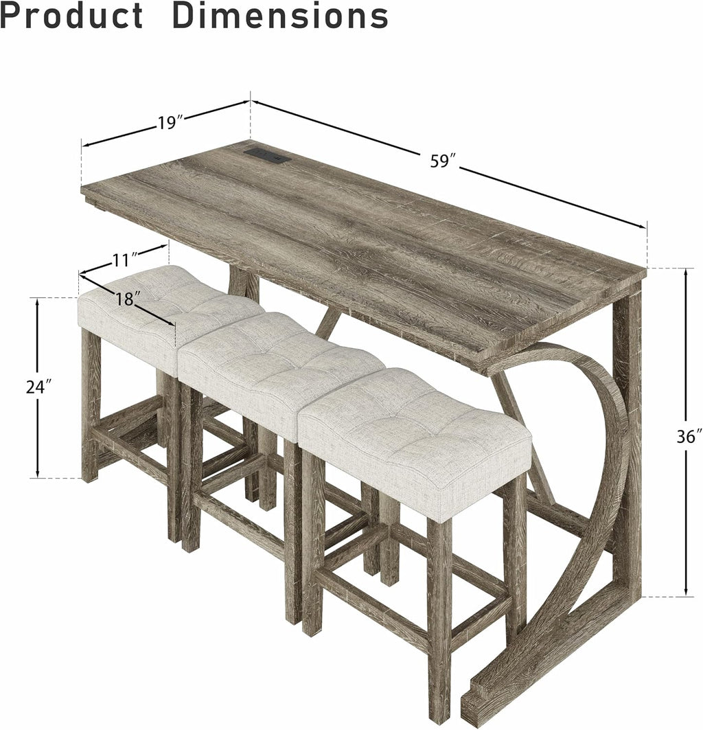 allamazing 4-Piece Counter High Bar Table Set with Socket and 3 Fabric Padded Bar Stools, Tall Kitchen Breakfast Nook with Stool (1+3 Natural)