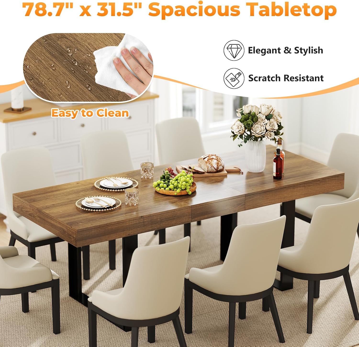 Zevemomo 63'-78.7' Expandable Dining Table, 6-8 Extendable Dining Table, Rectangle Conference Table, Farmhouse Kitchen Table with Slide Track, Tapered U-Shaped Wood Legs for Office, Living Room-Brown