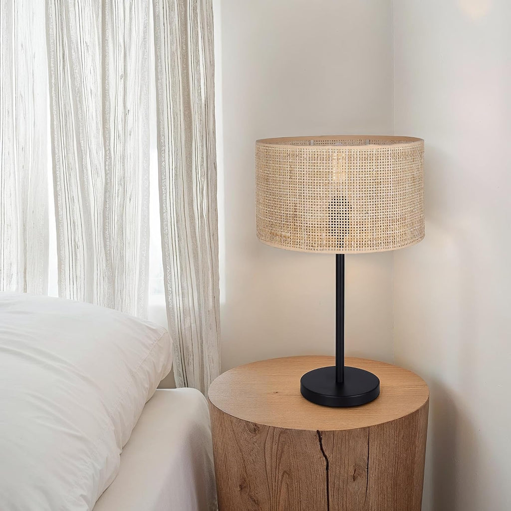Canarm Bellamy Table Lamp, 22-Inch Rustic Black with Rattan Shade and Tri-Light Switch for Living Room or Bedroom Lighting