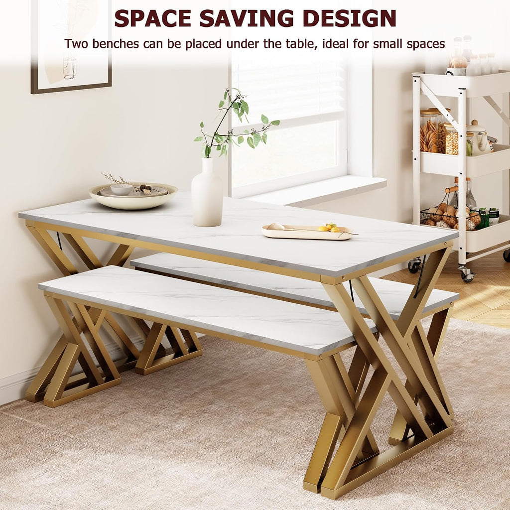 GarveeHome Kitchen Table with 2 Benches, Dining Table Set for 4 with Faux Marble Tabletop, Saving Space Dining Room Table Set for Kitchen, Dining Room, Apartment, Sturdy Metal Frame