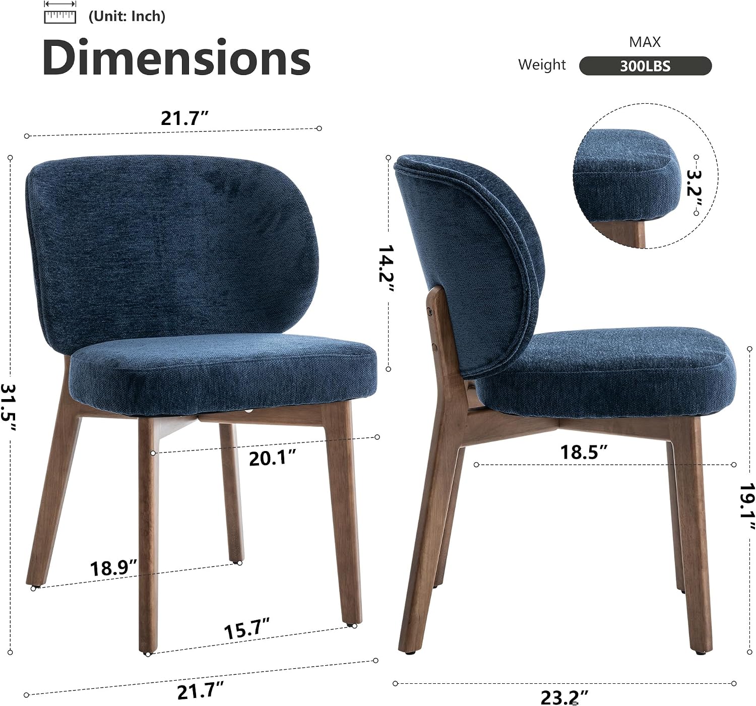 YOUNIKE Dining Chair with Back Single Mid Century Modern Kitchen Chair Boucle Fabric Upholstered Armless Chair 20' Wide Padded Seat with Wooden Legs for Kitchen Dining Living Room Bedroom Navy Blue