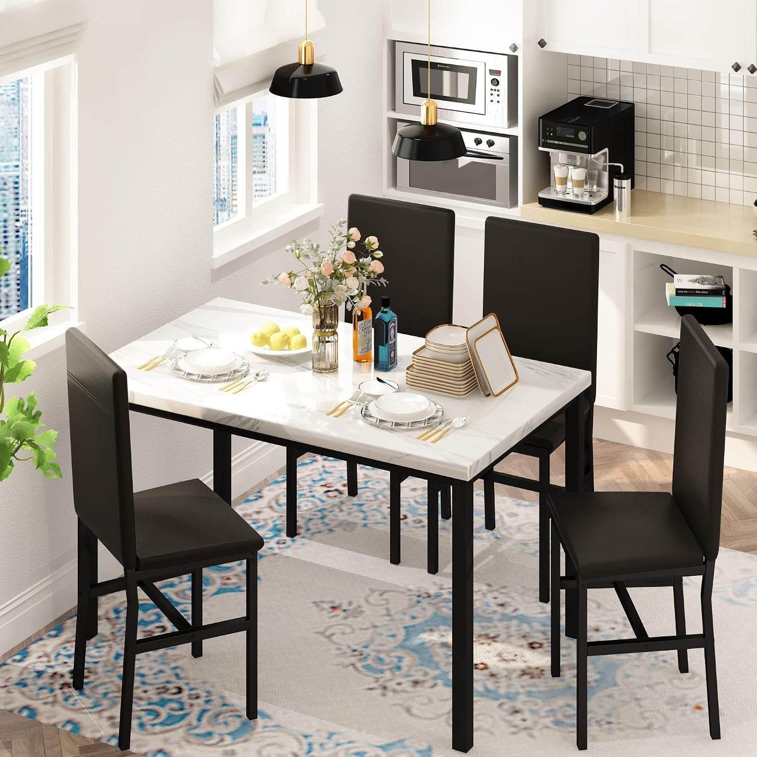 Hooseng Dining Table Set for 4, Modern Faux Marble Kitchen Table with 4 PU Leather Chairs, 5 Piece Dining Room Sets for Dinette, Breakfast Nook, Black