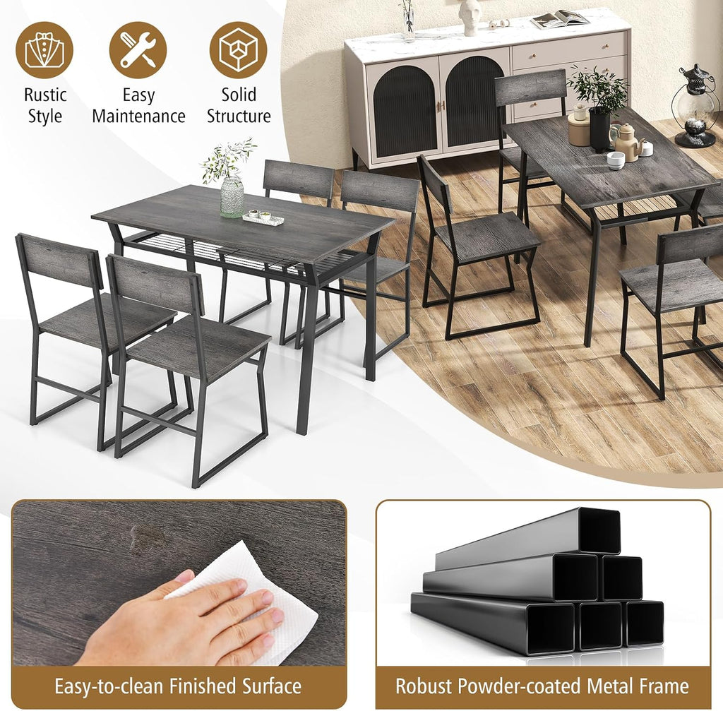 Giantex Dining Table Set for 4, 47'L x 28'W Rectangular Kitchen Table w/ 4 Trapezoid Chairs, Reinforced Metal Frame & Storage Rack, Industrial Space-Saving Dinette Set for Kitchen Dining Room (Grey)