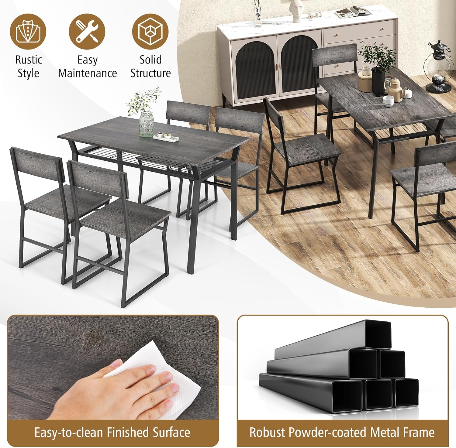 Giantex Dining Table Set for 4, 47'L x 28'W Rectangular Kitchen Table w/ 4 Trapezoid Chairs, Reinforced Metal Frame & Storage Rack, Industrial Space-Saving Dinette Set for Kitchen Dining Room (Grey)
