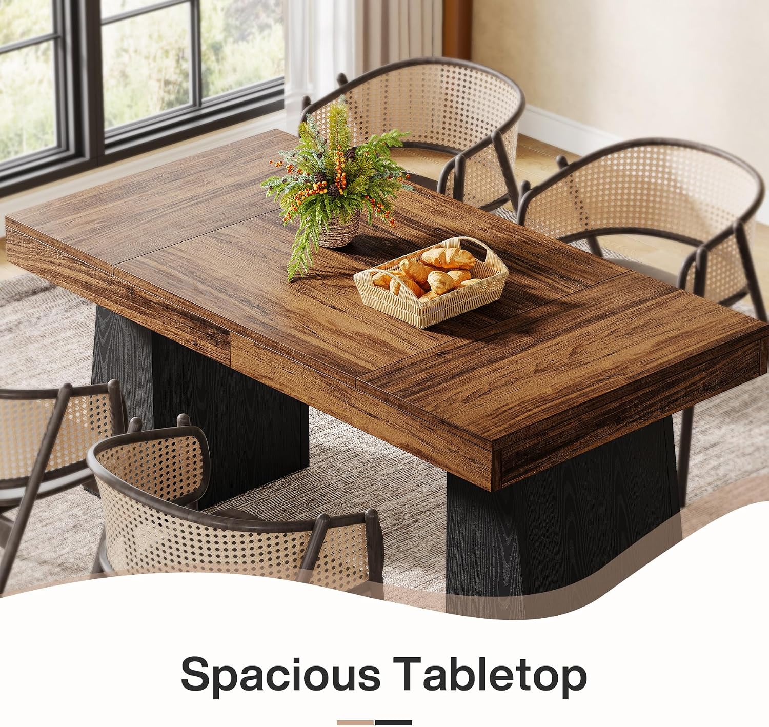 Tribesigns 55-Inch Dining Room Table for 4, Mid-Century Modern Dining Table with Double Pedstral, Rectangular Wood Kitchen Dinner Tables for Dining Room, Kitchen, Home, Black & Brown (Only Table)