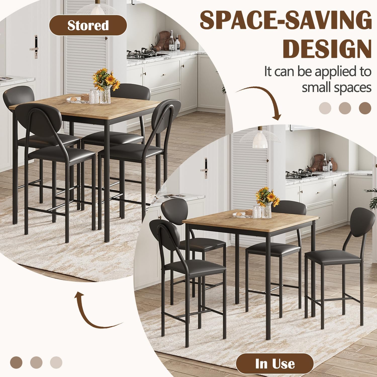 EROMMY Dining Table Set for 4, Modern Kitchen Table and Chairs with PU Leather Upholstery, Wood Dining Table with Chairs for Small Space, Dining Room, Brown