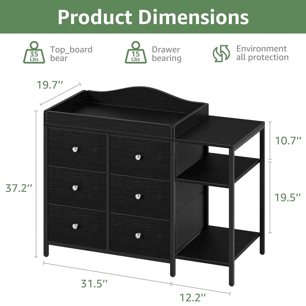 BOLUO Baby Dresser with Changing Table Top, Black Changing Table Dresser with 6 Fabric Drawers Diaper Changing Station with Storage Shelf for Nursery Modern
