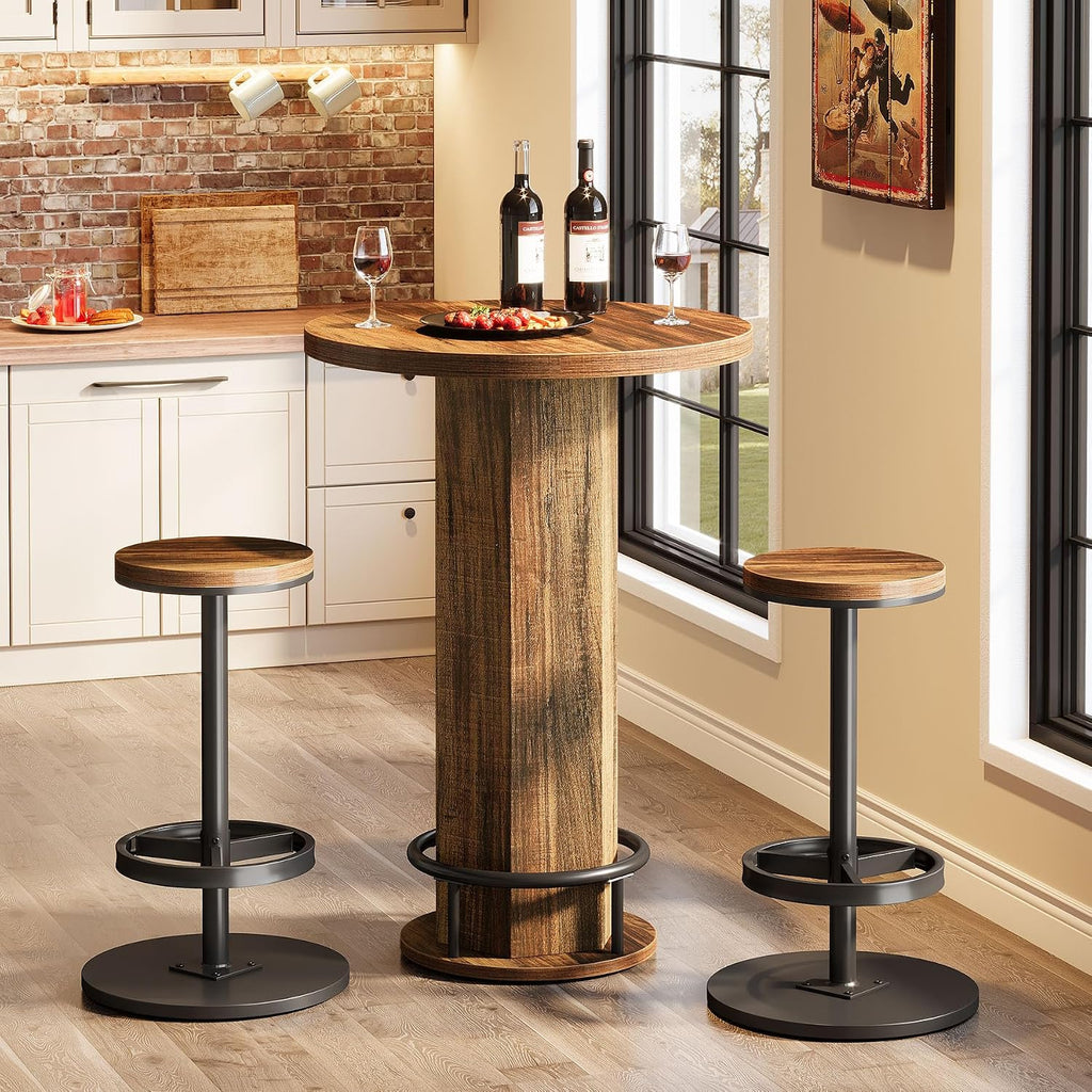Tribesigns Round Bar Table Set of 2, Industrial Bistro Sets with 2 barstools, Pub Cocktail Table with Metal Ring Footrest for Kitchen Nook, Apartment, Small Space