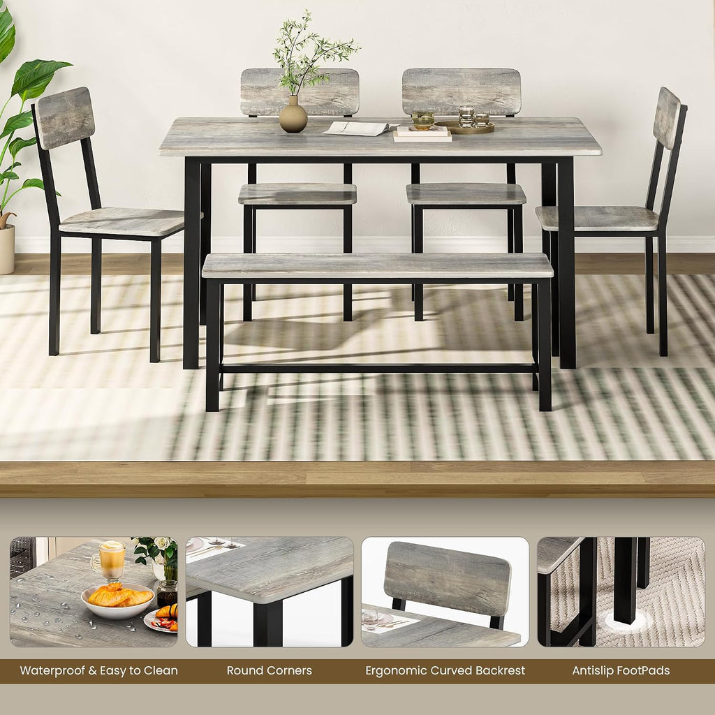 AWQM 6-Piece Dining Set, Modern Dining Table Set for 4-6,Kitchen Table Set with Chairs and Bench,Dining Room Table Set with Metal Frame & MDF Board, Table & Chairs Set for Small Space,Apartment,Grey