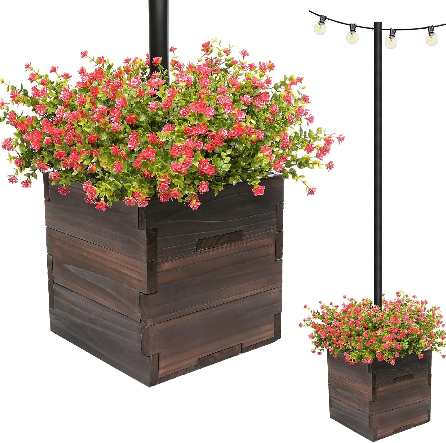 Extra Large Decorative Wooden Planter with Universal Pole Support for String Light Poles, Umbrellas, Bird Feeders. Solid Wood Outdoor Garden Patio Box for Plants or Flowers, 17'x17'x18', Brown