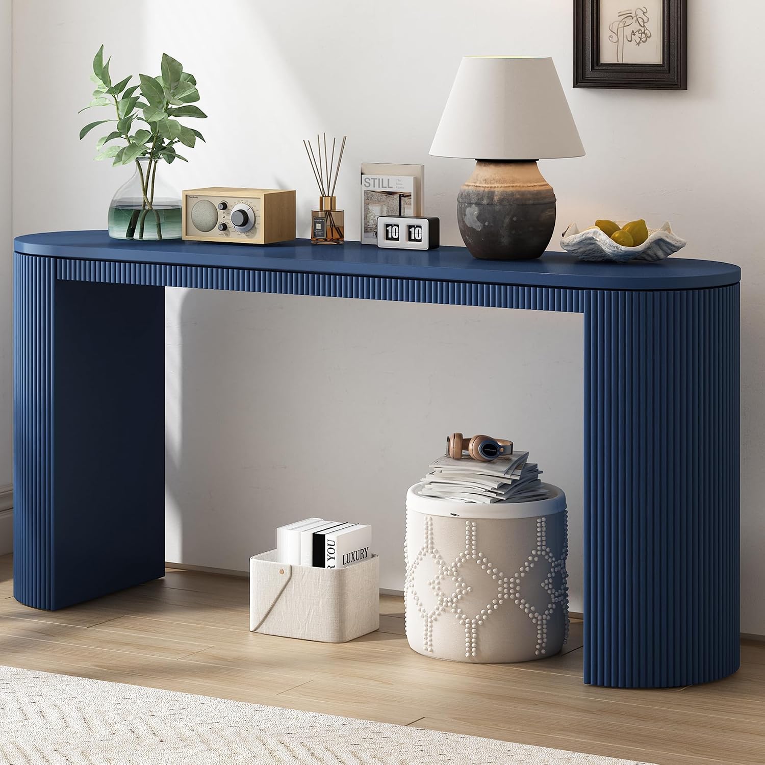 Modern Curved Console Table 59.2-Inch Fluted Entryway Sofa Table for Living Room Entrance Hallway Furniture, Navy