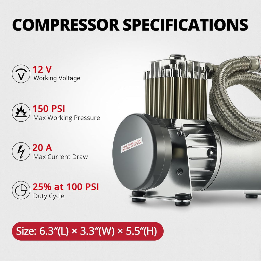 EVIL ENERGY 2 Gallon Air Tank and Compressor Kit 6 Ports 1/4' NPT 150PSI Rated 12V Compressor Air Tank for Air Horn, Inflating Tires, Car, Truck, Suspension Systems, Train Horn, DIY Pneumatic Tools