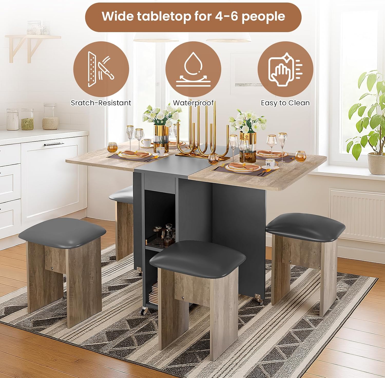 AWQM Foldable Dining Table Set for 4,Folding Dining Table with 4 Leather Chairs & Storage,Drop Leaf Dinner Table with 6 Wheels,Folding Kitchen Table and Chairs Set for Small Spaces,Grey
