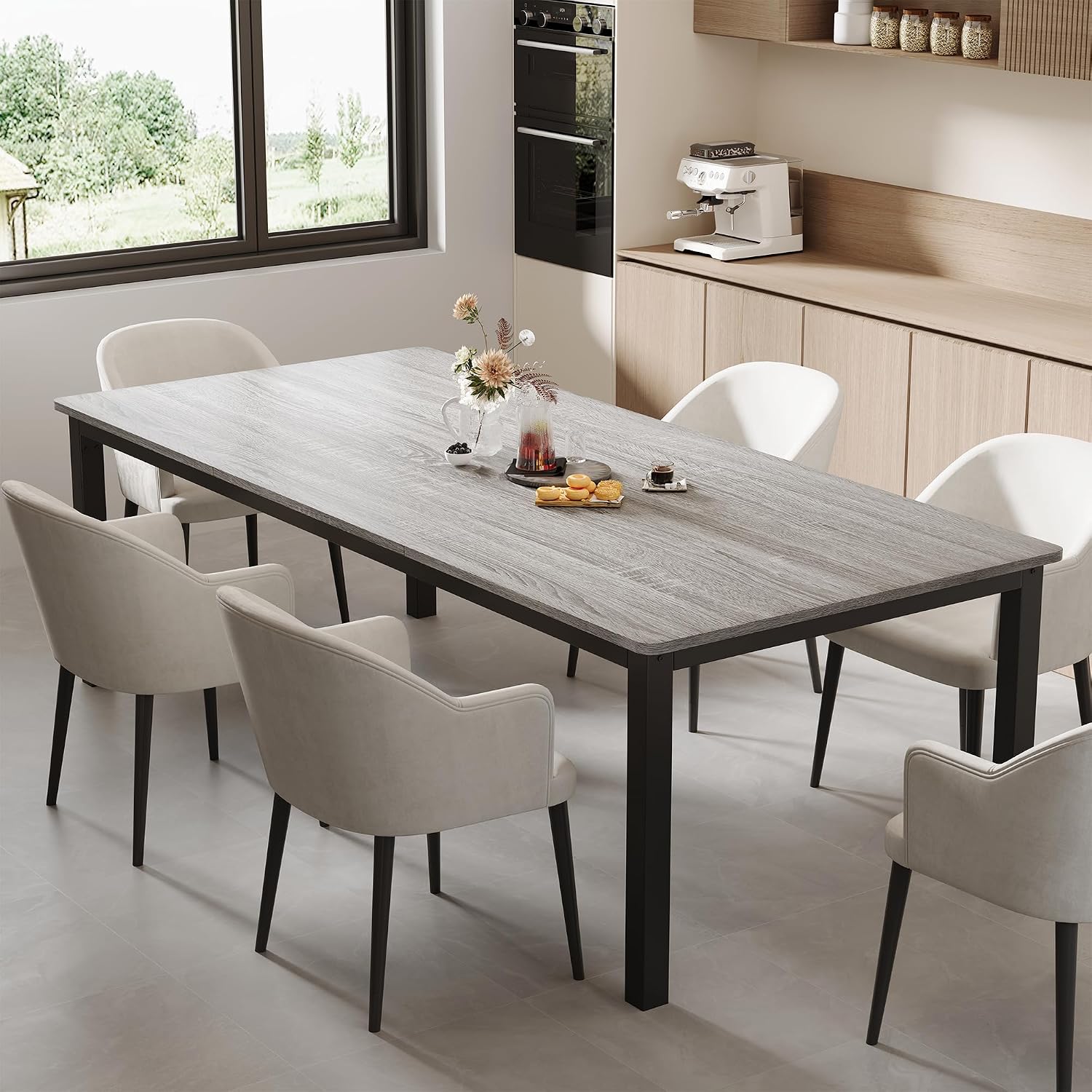 GarveeHome 78.7 in Industrial Dining Table for 6, Wooden Long Dinner Table with Mortise Tenon Design, Kitchen Table with Sturdy Metal Legs, for Dining Room Home Office Living Room, Grey