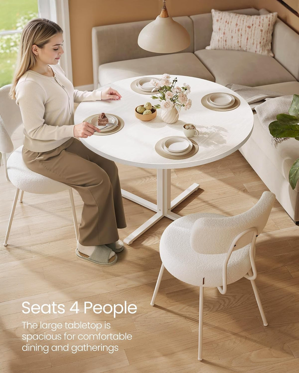 VASAGLE Dining Table Set, Round Dining Table with 2 Upholstered Kitchen Chairs, for Small Spaces, Kitchen, Living Room, Steel Frame, Modern Style, Snow White and Cream White UZH2507008