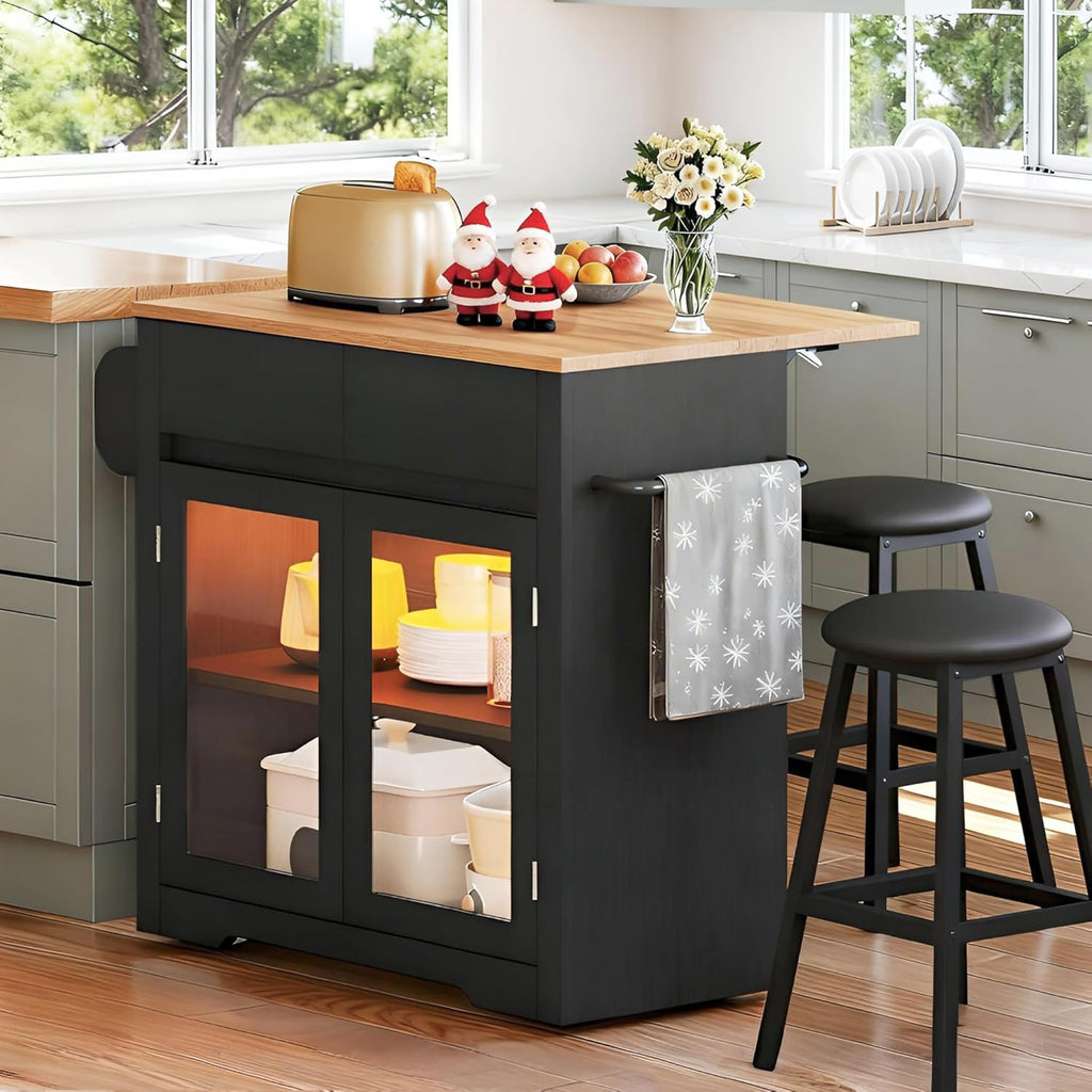 DWVO Kitchen Island with Drop Leaf, Mobile Kitchen Storage Islands with Power Outlet & LED Lights, 37.5' Rolling Dinning Table with Seating, 2 Soft Cushion Bar Stools, Towel & Spice Rack, Qak Black