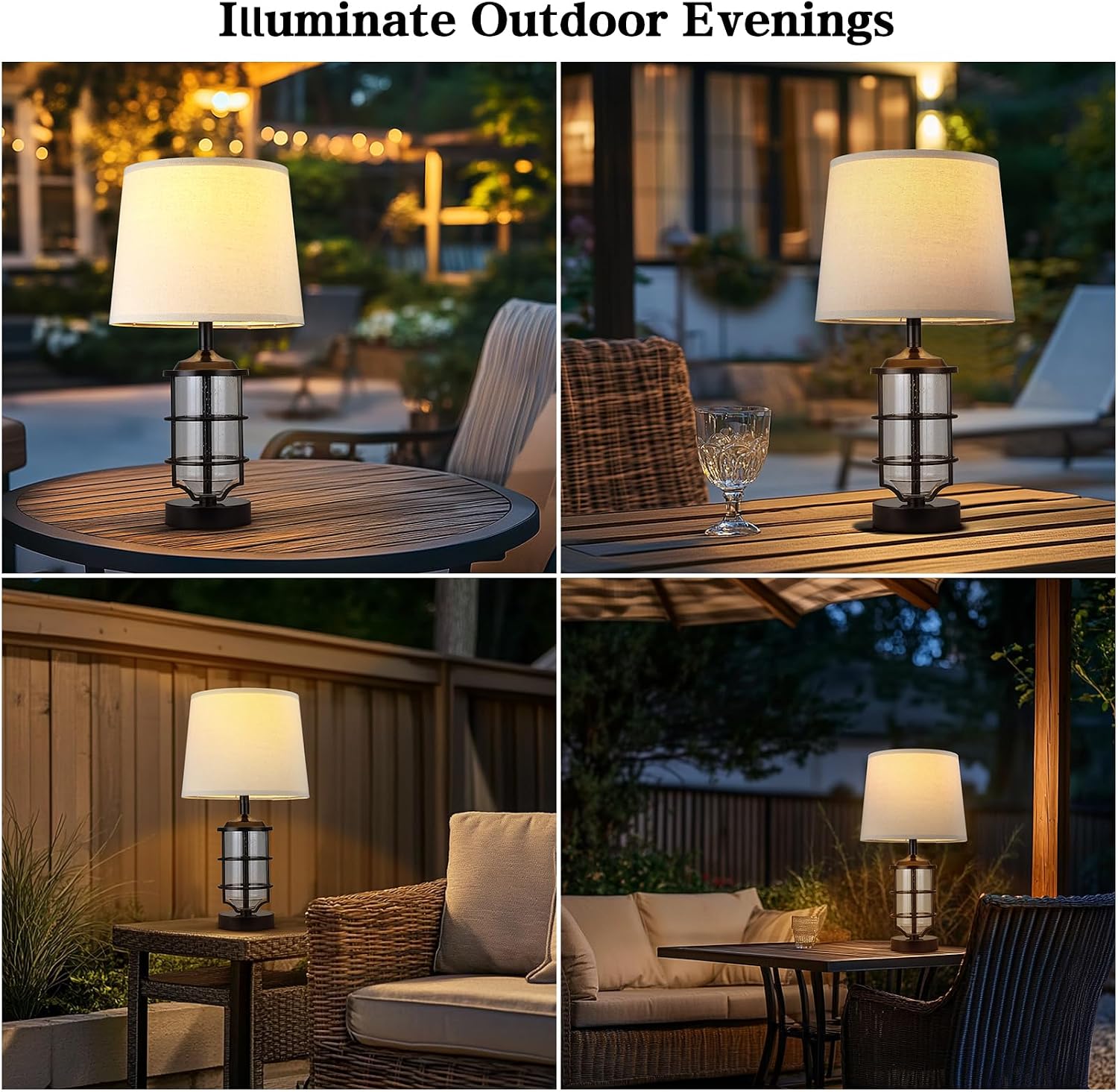 Outdoor Table Lamps Set of 2, Farmhouse Lamps for Patio Table Decor with Cord, Rustic Table Lights With Seeded Glass, 23.5' Plug-in Outdoor Lamps for Patio Waterproof, LED Bulbs Included (Black)
