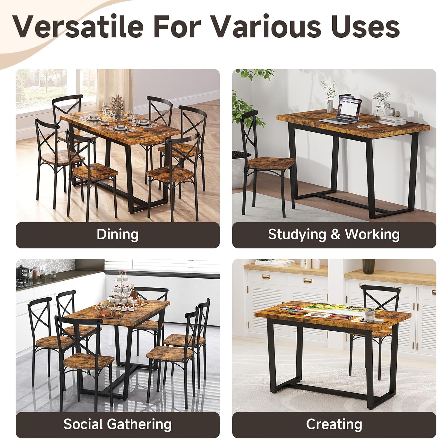 Zevemomo 7-Piece Dining Table with Chairs Set, Rectangular Metal Frame Table with 6 Chairs, Kitchen Table Chairs Set of 6, Wooden Farmhouse Dining Table Set for Dining Room and Living Room, Brown