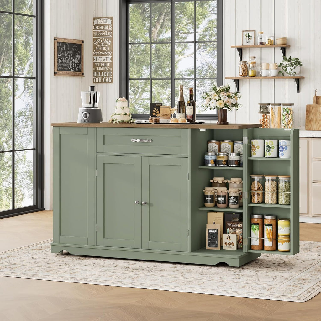 HOSTACK Kitchen Island Cart with Storage, 47'' Kitchen Storage Island on Wheels with 2 Drawers, Rolling Island Table with Adjustable Shelves, Mobile Buffet Sideboard Cabinet for Dining Room, Green