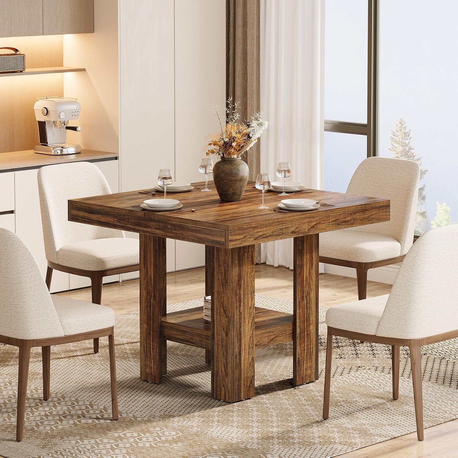 Tribesigns 31.5' Square Dining Table for 4, Small Kitchen Table with Shelf Storage, Compact Dining Room Furniture for Apartments, Offices, Living Rooms, Restaurants, Brown
