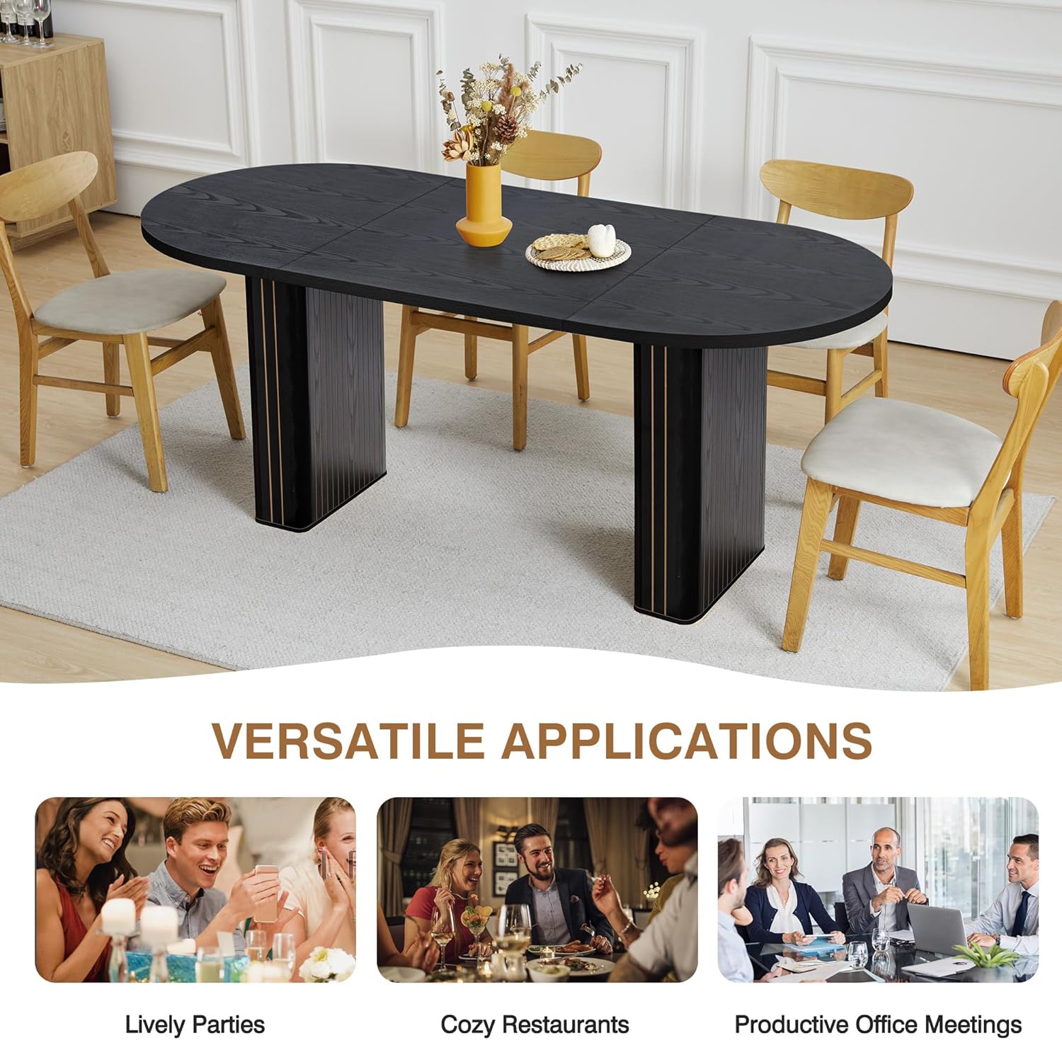70.8 Inch Kitchen Dining Table for 4-6 People, Oval Kitchen Table with Wood Strip Base, Modern Farmhouse Large Round Dining Room Tables for Home Living Room (Black)
