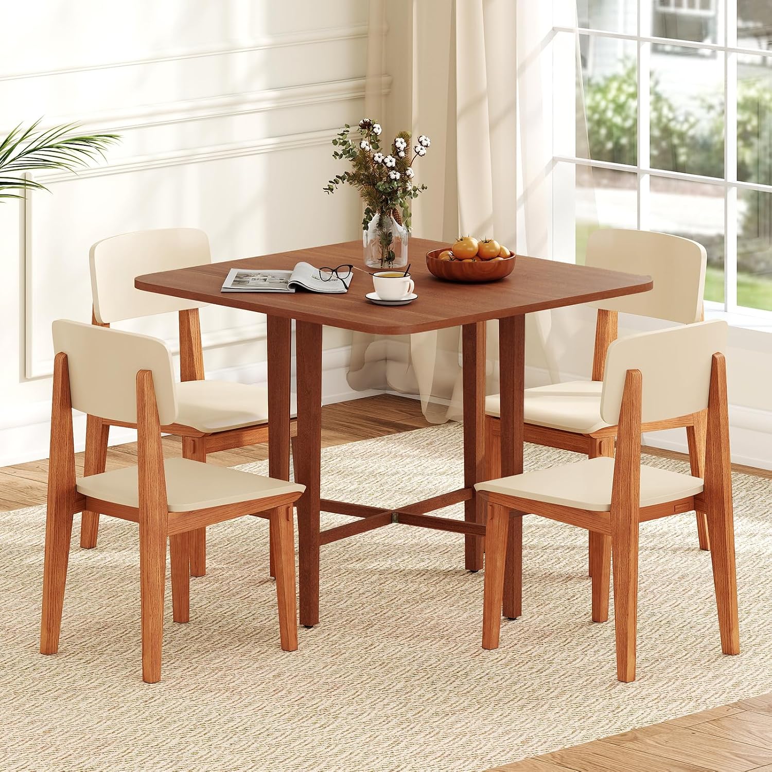 Tangkula 36' Foldable Square Dining Table, Kitchen Table w/Solid Rubber Wood Legs, Dual Drop Leaf Design, Farmhouse Diner Table for 2-4 People, Dining Room, Living Room,Restaurant