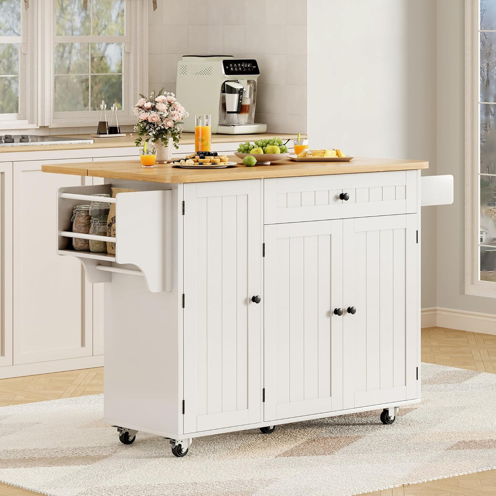 GRUSIGN Kitchen Island with Storage, 41.7' Rolling Cart with Drop Leaf, Portable Island Table on Wheels, Spice Rack, Towel Rack and Drawer, White, 41.7' L x 29.5' W