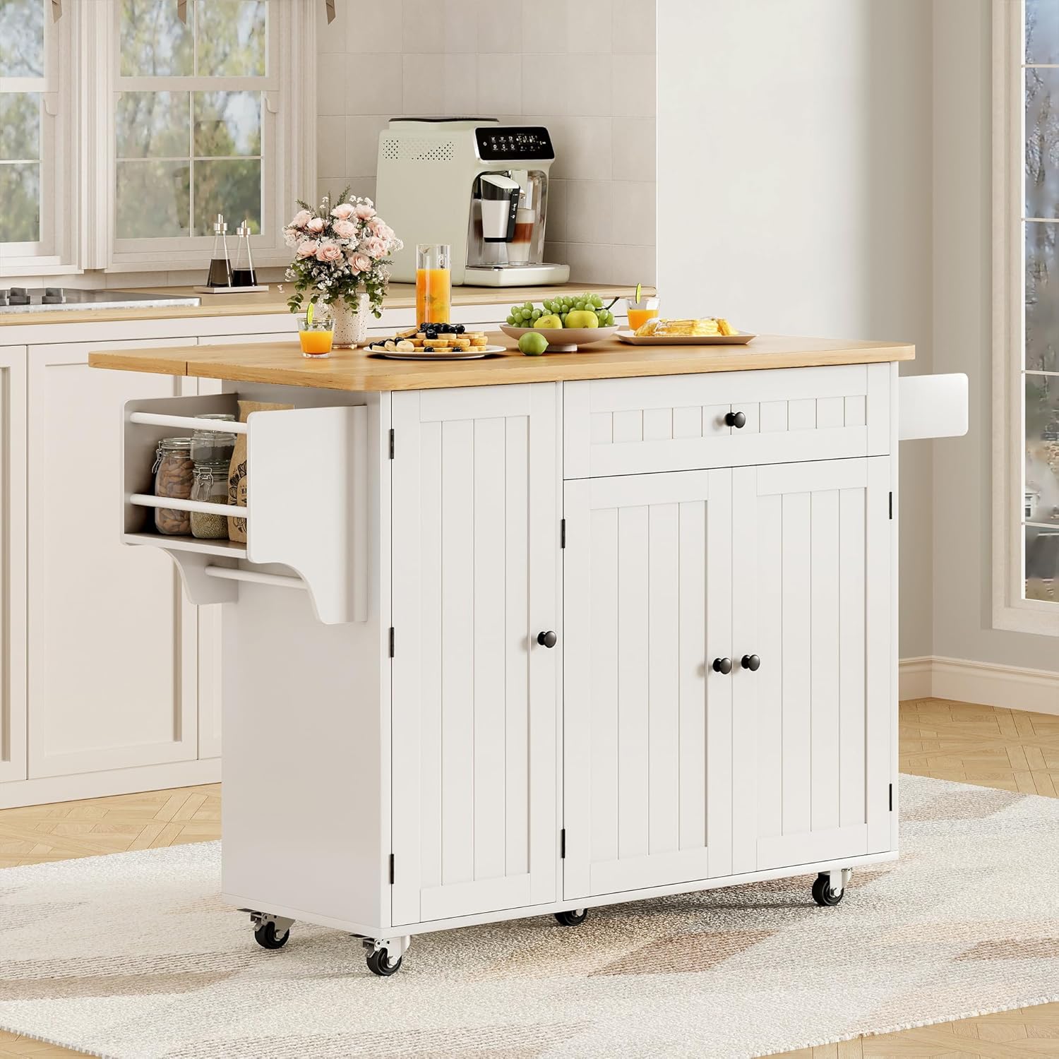 GRUSIGN Kitchen Island with Storage, 41.7' Rolling Cart with Drop Leaf, Portable Island Table on Wheels, Spice Rack, Towel Rack and Drawer, White, 41.7' L x 29.5' W
