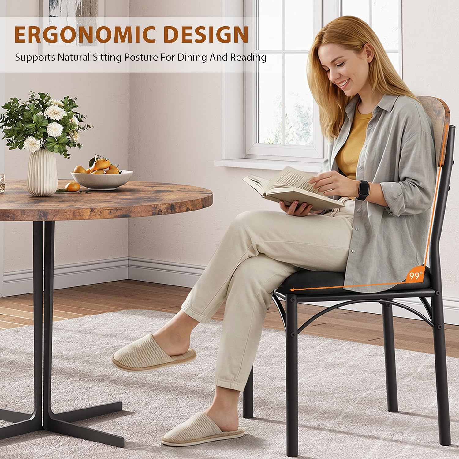 Jocoevol Dining Chairs Set of 4 - Upholstered Dining Room Chairs with PU Leather, Industrial Kitchen Chairs with Wooden Backrest and Thickened Metal Legs, for Dining Room, Living Room (Vintage)