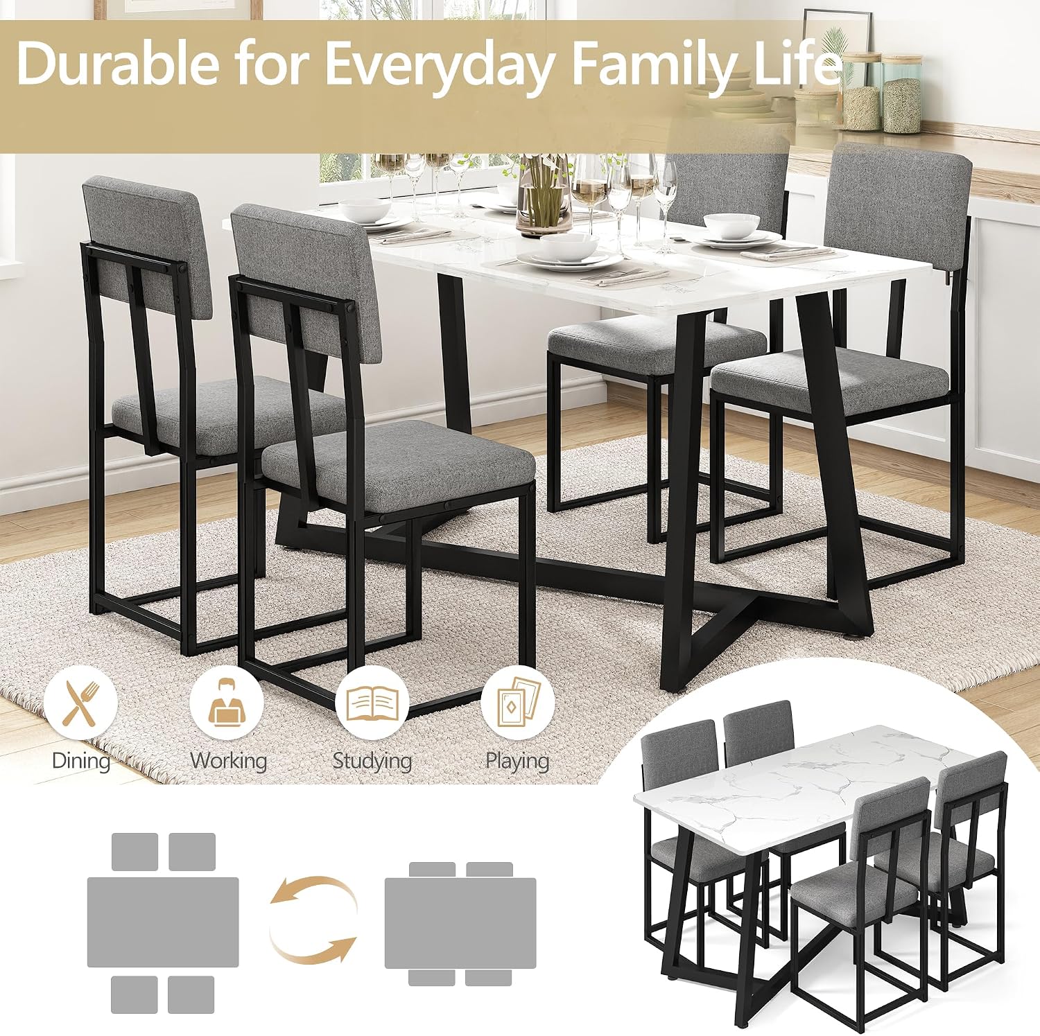 5-Piece Dining Table Set for 4, Faux Marble 47.24' Kitchen Table with 4 Linen Upholstered Chairs, Sturdy & Easy-to-Clean Small Dining Table Set for Apartments & Small Spaces
