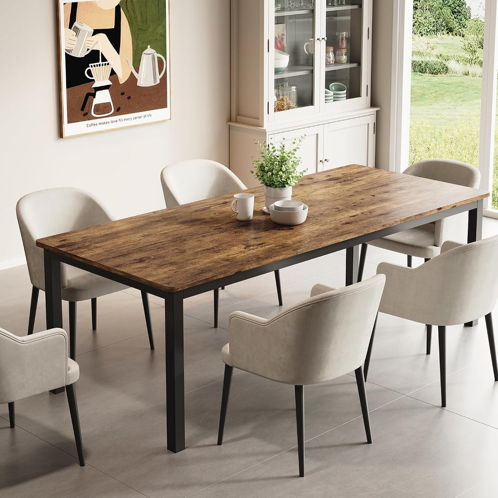 GarveeHome 78.7 in Industrial Dining Table for 6, Wooden Long Dinner Table with Mortise Tenon Design, Kitchen Table with Sturdy Metal Legs, for Dining Room Home Office Living Room, Retro