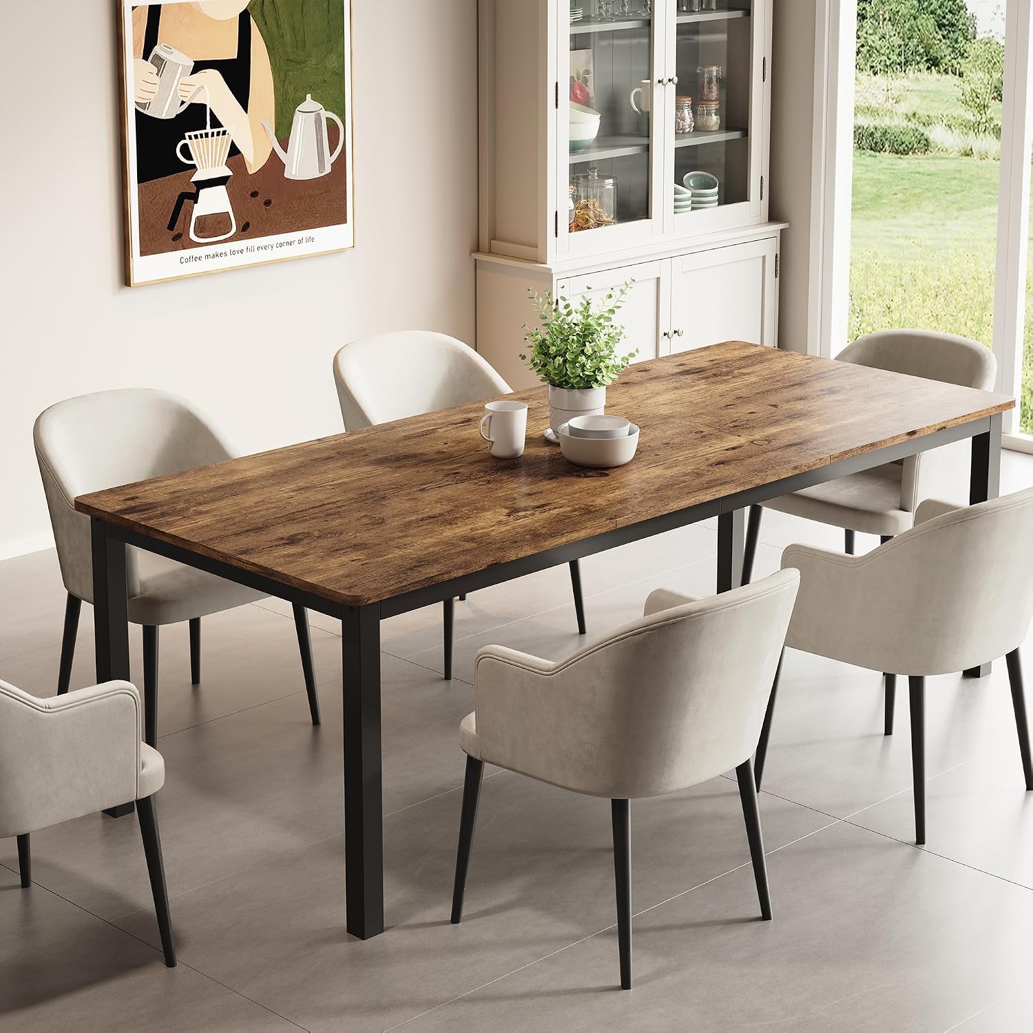 GarveeHome 78.7 in Industrial Dining Table for 6, Wooden Long Dinner Table with Mortise Tenon Design, Kitchen Table with Sturdy Metal Legs, for Dining Room Home Office Living Room, Retro