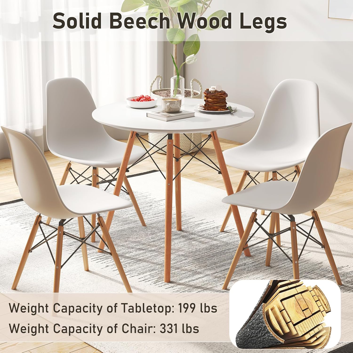 Tangkula Round Dining Table Set for 4, Modern Circle Kitchen Table & 4 Chairs with Ergonomic Seats and Solid Wood Legs, 5-Piece Dining Room Set for Small Spaces, Kitchen, Living Room