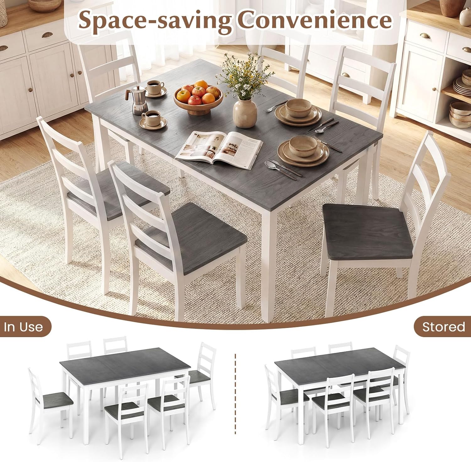 Tangkula Dining Table Set for 6, Solid Wood, Farmhouse Dinette Set w/Rubber Wood Legs, Mid-Century Modern, Compact Dining Table and Chairs Set for Kitchen, Dining Room (Grey)