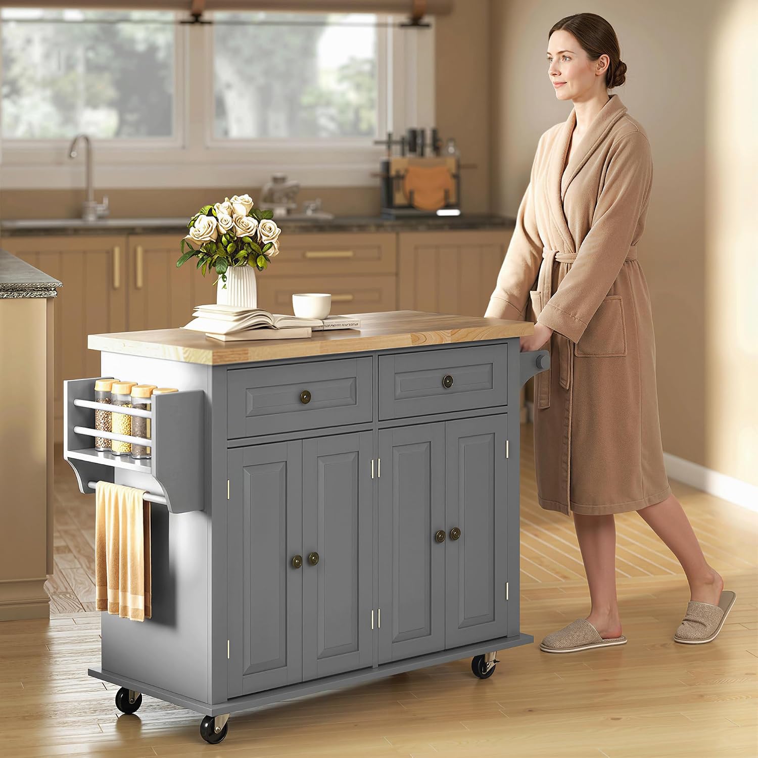 HOMCOM Kitchen Island Cart with Rubber Wood Top, Rolling Kitchen Island Table on Wheels with Drawers, Adjustable Shelves, Spice Rack and Towel Rack for Dining Room, Gray