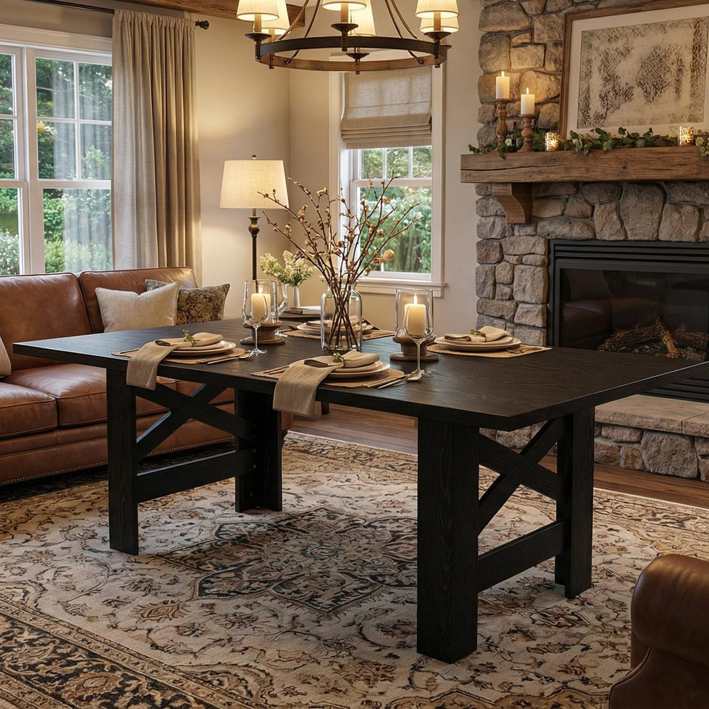 Garvee Wood Farmhouse Dining Table for 6-8, Heavy Duty Large Kitchen Table, 70.87' Long Rectangular Dining Room Tables with Strong Legs, Thickness Tabletop, for Big Family, Dinette, Rustic Black