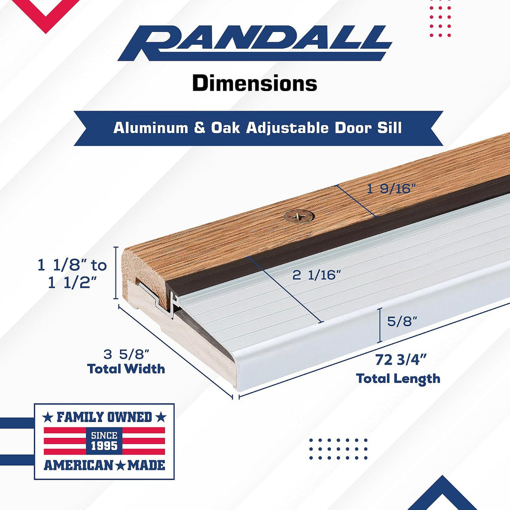 Randall Manufacturing Co., Inc Oak & Aluminum Adjustable Threshold 3 5/8' Wide Adjustable from 1 1/8' to 1 1/2' High (72' Long Silver)