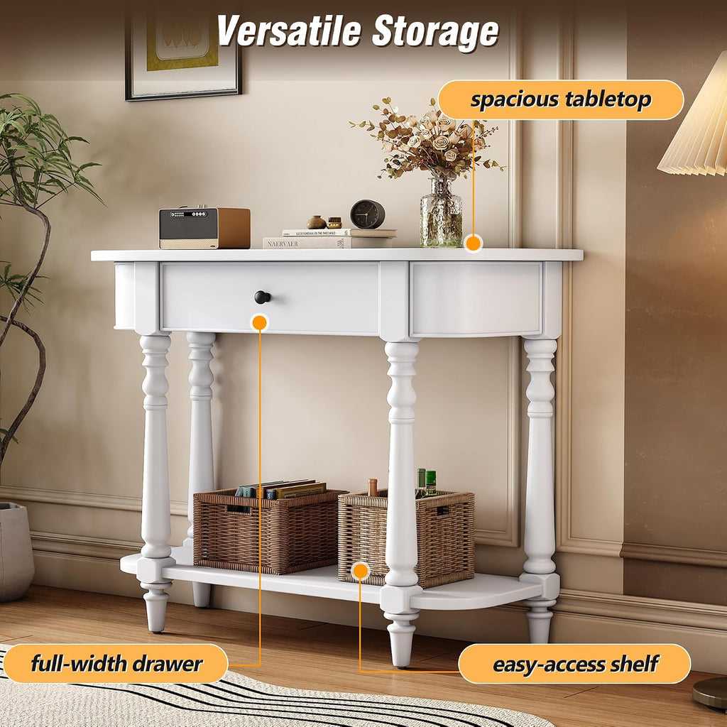 LKTART Solid Wood Corner-Curved Console Table,Farmhouse Space-Saving Entryway Sofa Table with Drawer & Open Shelf for Living Room,Hallway,Foyer(White 36')