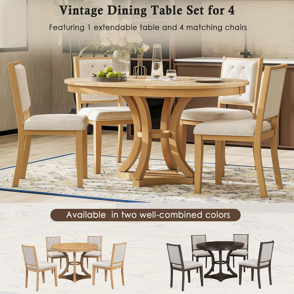 Bellemave Extendable Dining Table Set for 4, 5-Piece Retro Round Table Set with 4 Upholstered Chairs, Round Table with a 16' W Leaf, Oval Kitchen Table Set with Extendable Table (Natural)