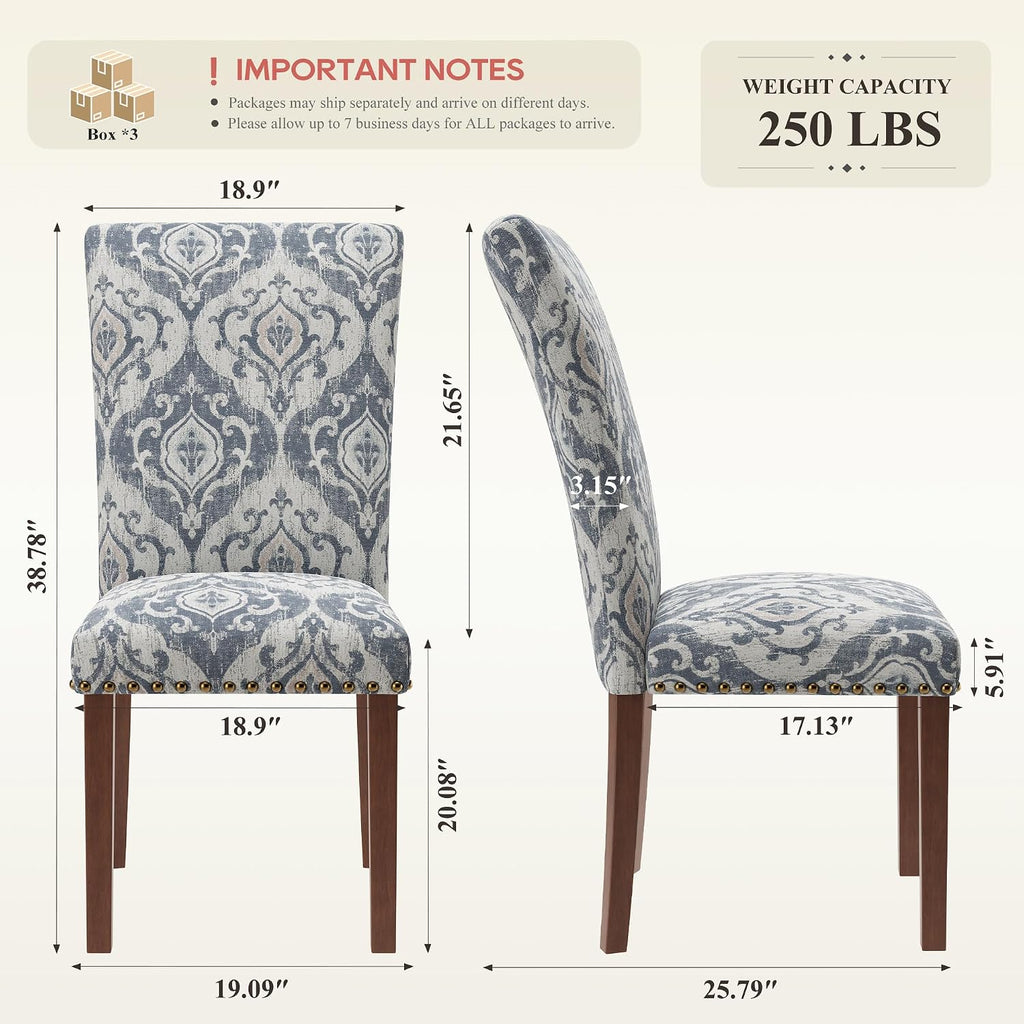 COLAMY Upholstered Parsons Dining Chairs Set of 6, Fabric Dining Room Kitchen Side Chair with Nailhead Trim and Wood Legs - Blue/White Flower
