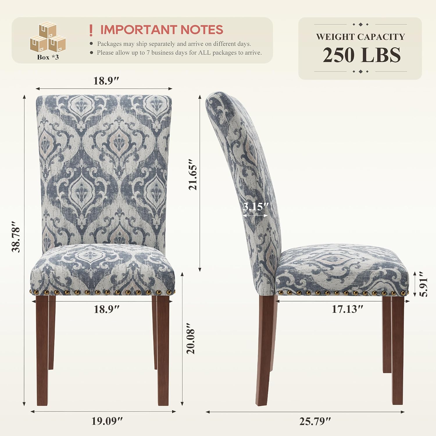 COLAMY Upholstered Parsons Dining Chairs Set of 6, Fabric Dining Room Kitchen Side Chair with Nailhead Trim and Wood Legs - Blue/White Flower