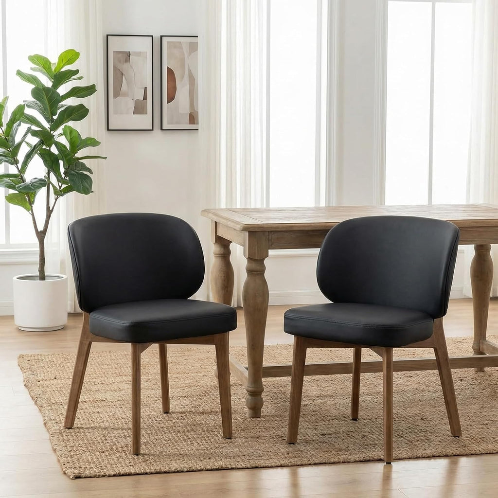 YOUNIKE Black Dining Chair with High Back Single Mid Century Modern Kitchen Chair Faux Leather Upholstered Armless Accent Chair 20' Wide Padded Seat with Soild Wooden Legs for Living Room Bedroom