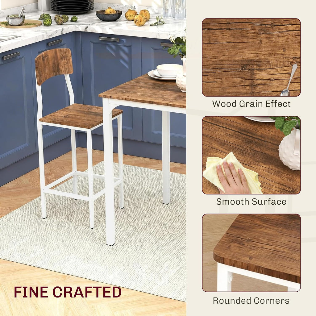 HOMCOM 3-Piece Counter Height Bar Table with Space-Saving Design, Square Kitchen Table and Chairs Set with Footrest, Metal Legs, Industrial Dining Table Set for 2, Walnut and White