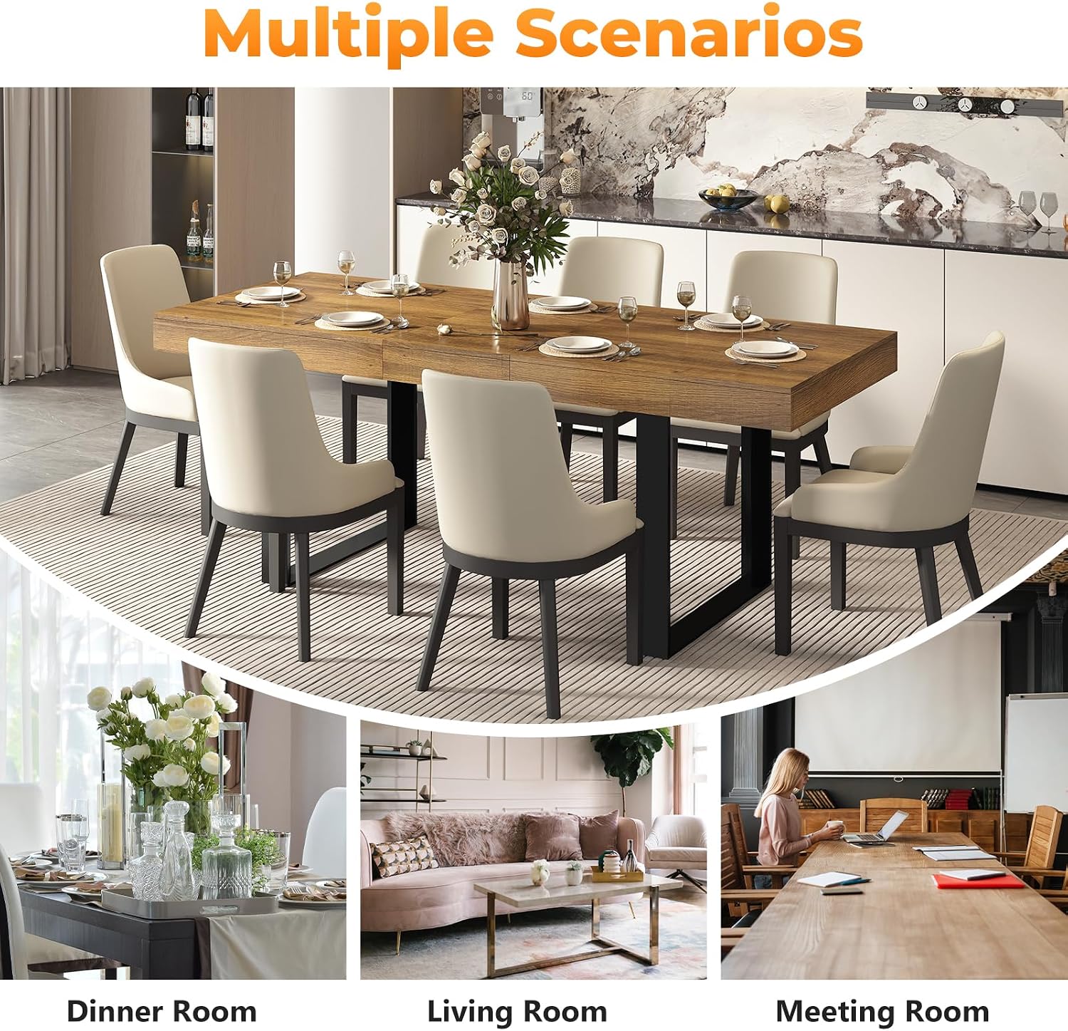 Zevemomo 63'-78.7' Expandable Dining Table, 6-8 Extendable Dining Table, Rectangle Conference Table, Farmhouse Kitchen Table with Slide Track, Tapered U-Shaped Wood Legs for Office, Living Room-Brown
