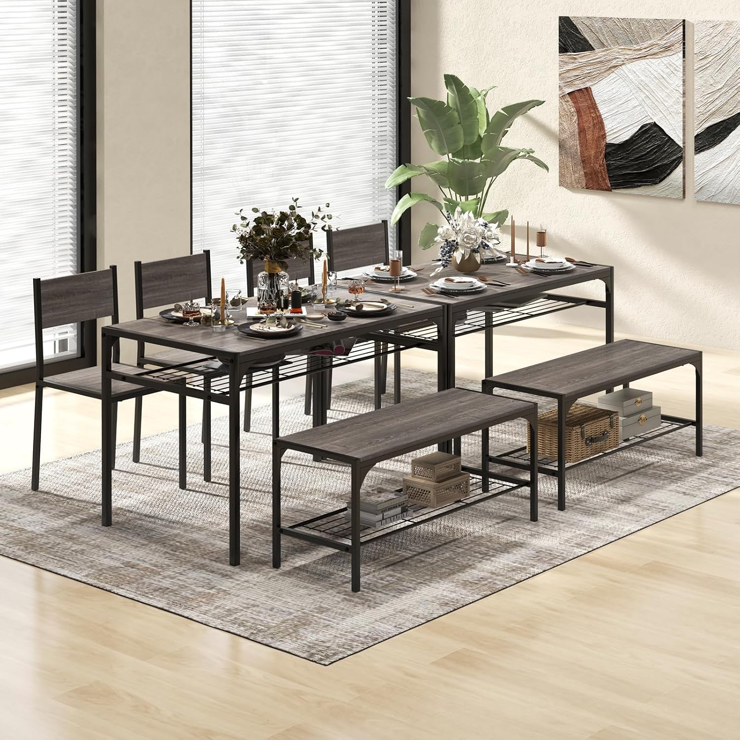 COSTWAY 4 Pieces Dining Table Set, Kitchen Table and 2 Chairs for 4 with Bench, Storage Racks, Metal Frame & Space-saving Design, Industrial Kitchen Table Set for Small Space, Apartment (Black & Grey)