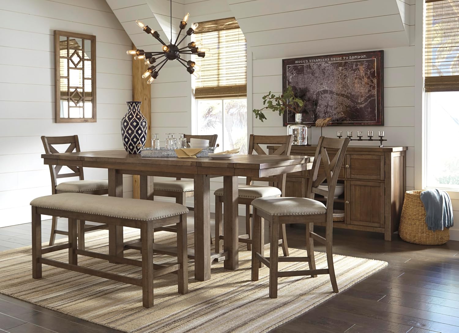 Signature Design by Ashley Moriville Rustic Farmhouse Counter Height Dining Extension Table, Separate Extension Leaves, Seats 8, Wood, 36' W x 86' D x 36' H, Brown