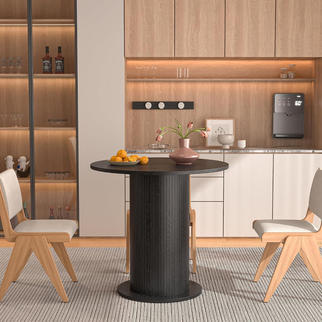 31.5 inch Round Dining Table for 2, Modern Farmhouse Kitchen Table, Small Circle Dining Tables with Wood Strip Base for Kitchen Living Room (Black)