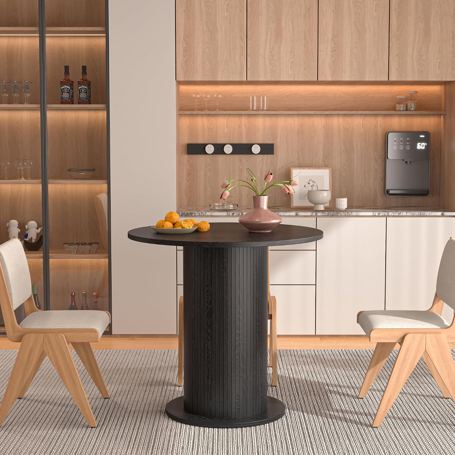 31.5 inch Round Dining Table for 2, Modern Farmhouse Kitchen Table, Small Circle Dining Tables with Wood Strip Base for Kitchen Living Room (Black)