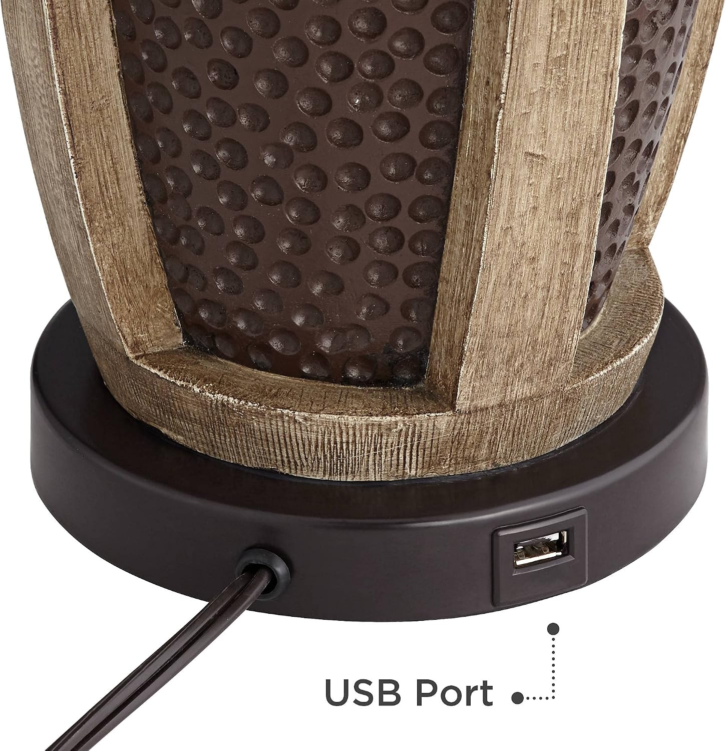 John Timberland Parker Industrial Rustic Table Lamps 30' Tall Set of 2 with Square Risers USB Charging Port Hammered Bronze Wood Oatmeal Drum Shade for Living Room Bedroom House Bedside Home