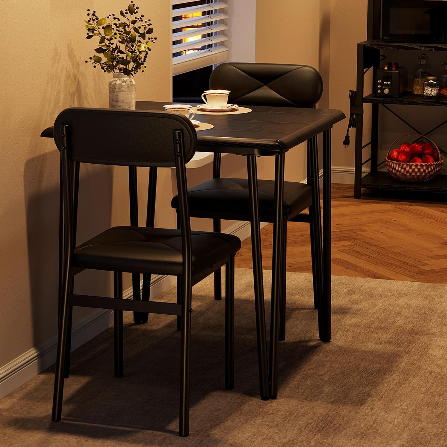 IDEALHOUSE Dining Table Set for 4, Kitchen Table with Upholstered Chairs for Kitchen Room and Small Spaces (Black, Table with 2 Upholstered Chairs)